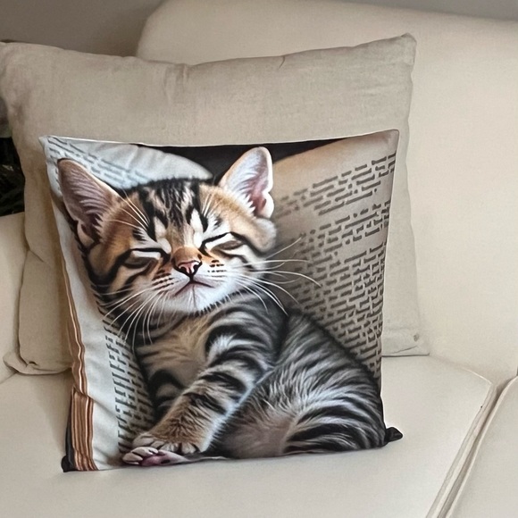 Other - Cozy Dozing Kitty Print Pillow Case, 18x18” Sq., Neutral, Earthy Colors